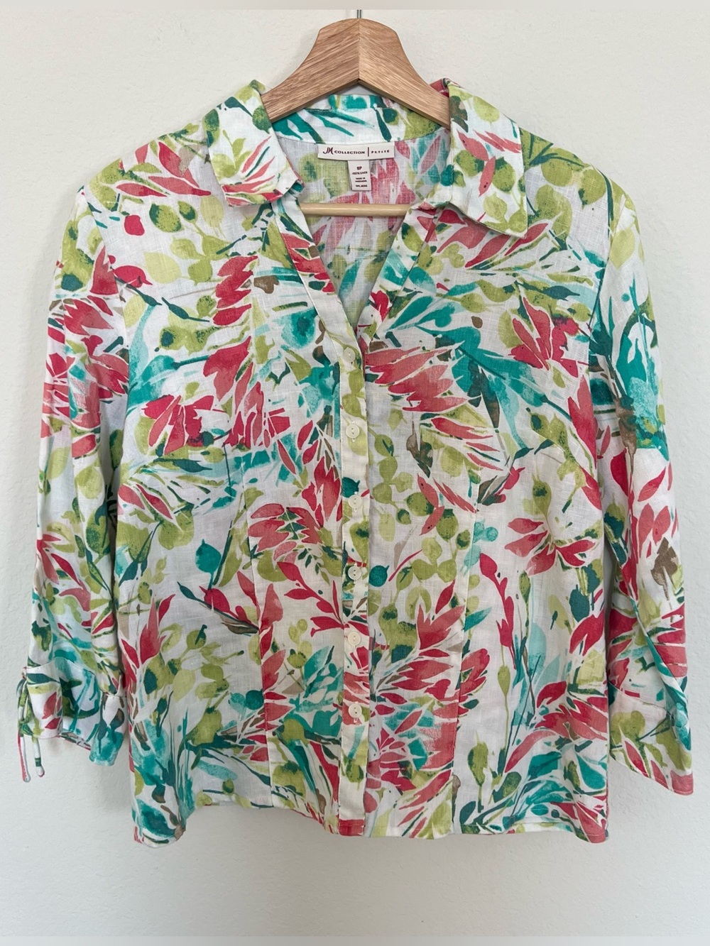JM Collection Linen Tropical Floral 3/4 Sleeve Top Size 8P Vacation Coastal
